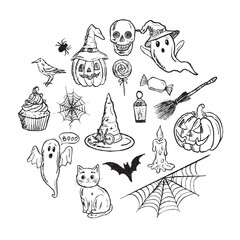 Halloween symbols in round shape in black brush stroke texture isolated on white. Hand drawn vector sketch illustration in vintage charcoal ink. Banner design, frame illustration, print, mystery