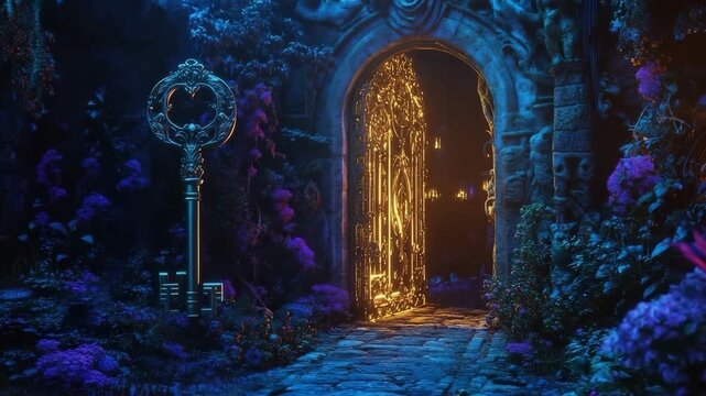 Mysterious door opening to a starry night with two moons illuminating the path in a fantasy landscape