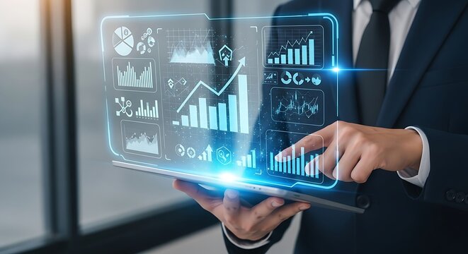 Businessman Analyzing Digital Business Analytics and Growth Charts on Tablet, Financial Strategy and Market Data Concept.