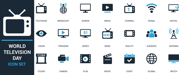 Editable World Television Day icon set with vector symbols of broadcast, screen, media, channel, signal, news, program, audience, studio, camera, film, movie, global, and digital.