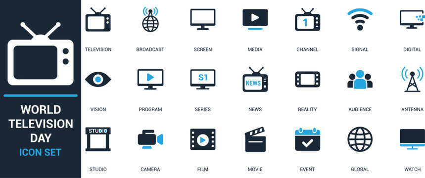 Editable World Television Day icon set with vector symbols of broadcast, screen, media, channel, signal, news, program, audience, studio, camera, film, movie, global, and digital.