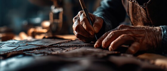 Senior man crafting leather with needle indoors, showcasing traditional leatherwork and artisan skills in his workshop Concept of craftsmanship, handmade, and dedication