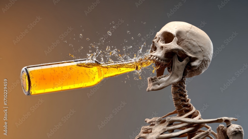 Poster a skeleton is drinking from a bottle of beer. the bottle is almost empty and the skull is almost ful