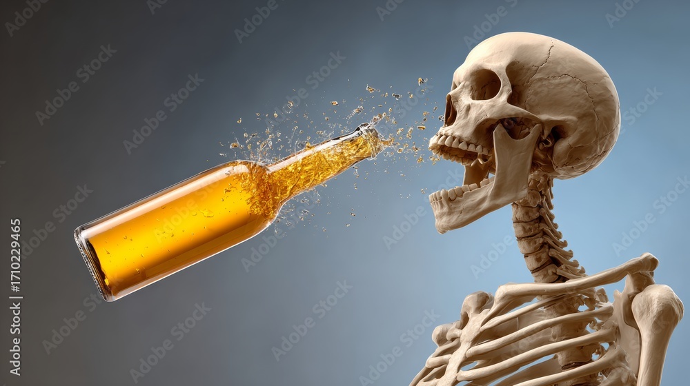 Poster A skeleton is drinking from a bottle of beer. The bottle is almost empty and the skeleton is making a face as if it is trying to drink the last drops