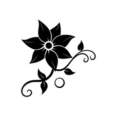 Black flower with swirls and leaves design on transparent background
