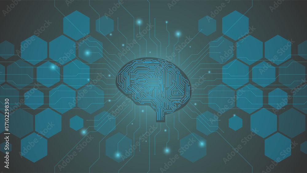Poster futuristic ai brain design with circuit board pattern and hexagon shapes on a glowing blue tech back