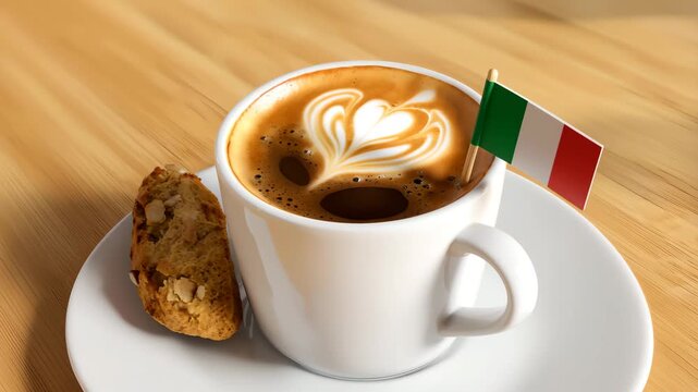 Italian cappuccino with heart shaped latte art, soft steam rising, small Italian flag waving on cup, biscotti on saucer, cinematic coffee shop atmosphere for authentic Italian breakfast concept