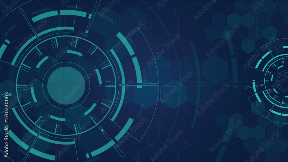 Poster abstract futuristic background featuring circular digital interface with hexagon pattern on dark blu