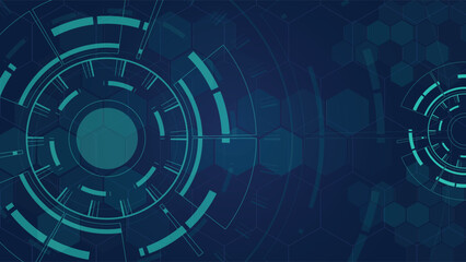Obraz premium Abstract futuristic background featuring circular digital interface with hexagon pattern on dark blue surface, perfect for technology, innovation, data and cyber themes.