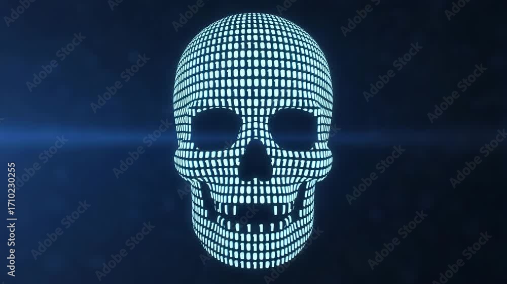 Poster digital skull made of binary code glows against a dark background, perfect for cybersecurity, data b