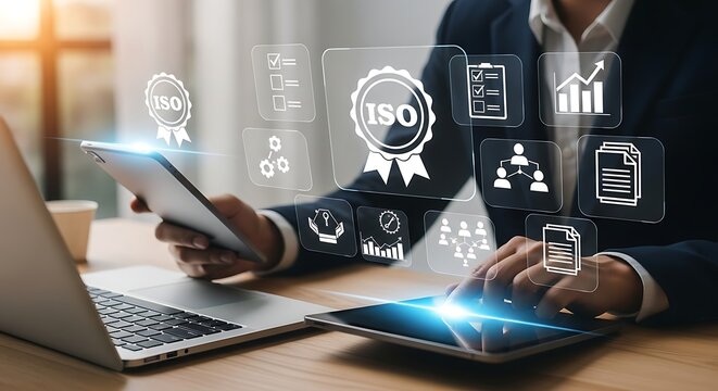 Businessman Using Digital Tablet and Laptop for ISO Certification and Business Management, Quality Standards.