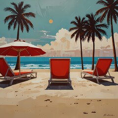 Beautiful pop art painting of a serene beach scene in the style of geometric patterns, featuring a harmonious blend of beige, brown, white, and vibrant red colors, with bold brushstrokes and sharp lin