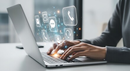 Person Typing on Laptop Keyboard with Digital Communication Icons, Online Networking and Customer Service Concept.