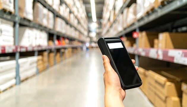A hand holding a black handheld device, likely a scanner, in a warehouse setting, with blurred background of shelves filled with various boxes.