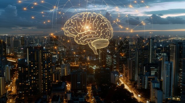 Holographic ai brain floating over neon cyberpunk cityscape   futuristic digital intelligence - Powered by Adobe
