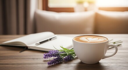 A tranquil morning scene featuring a warm cup of coffee with latte art and a bouquet of lavender next to an open notebook and pen on a wooden table by the window