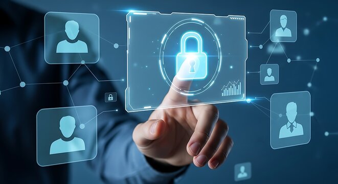 Hand Touching Digital Padlock Icon with User Profiles, Cybersecurity and Data Protection Concept.