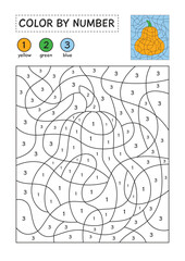 Coloring page with a picture of pumpkin to color by numbers. Color sheet for children education. Simple coloring for kids