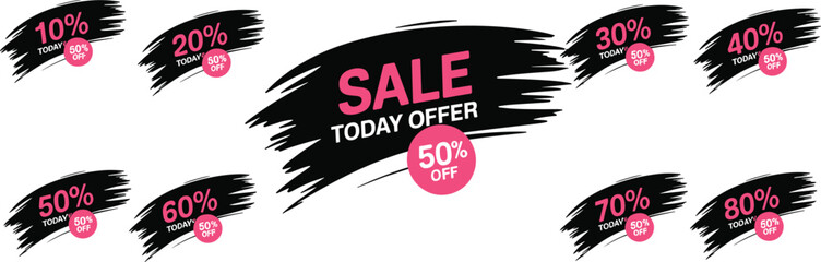 Collection of Modern Sale Banners, Vector Illustrations with Abstract Black Brush Strokes and Pink Circles for Promotional Offers, Discounts.