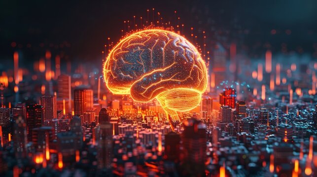 Futuristic holographic ai brain over illuminated cityscape in cyberpunk neon aesthetic