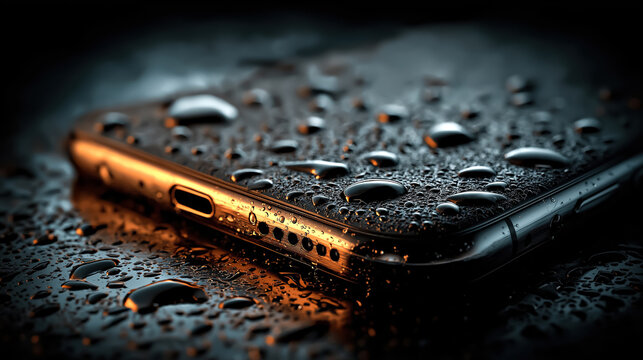 Dark metallic mobile phone covered in water droplets with glowing side. Water resistance, modern gadget