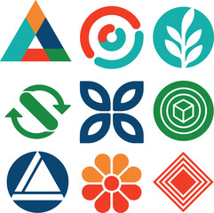 Colorful geometric logos set with circular, triangular, floral, and abstract shapes, representing eco-friendly, modern, and creative design concepts for business branding.