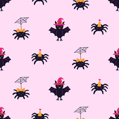 Halloween Cute Spider Web on Pink Seamless Pattern