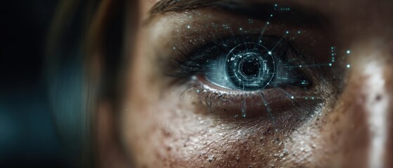 Closeup of Caucasian womans eye with futuristic digital interface overlay Concept of technology, augmented reality, and bionic vision