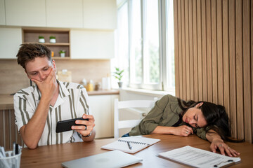 Stressed freelancers working from home having problems and difficulties with business