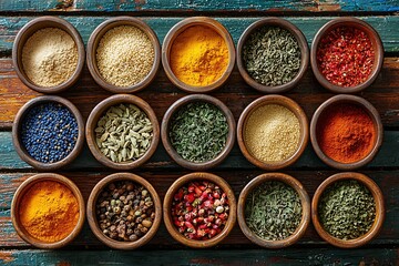 Gourmet spice assortment in handcrafted bowls high resolution picture