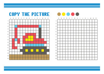 Naklejka premium Copy the picture grid drawing worksheet for kids. Pixel art grapple excavator
