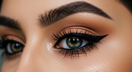 Obraz premium Close-up view of a woman's eye with striking makeup, featuring intense eyeliner and highlighted complexion.