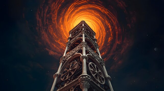 Fiery Vortex Above Gothic Tower in Dramatic Halloween Fantasy Scene