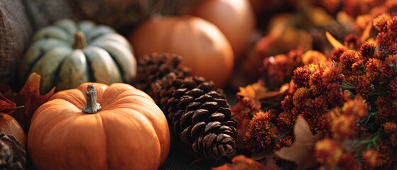 Autumnal Still Life with Pumpkins, Pine Cones, and Mums in Warm Tones, Celebrating the Harvest Season and Thanksgiving Holiday