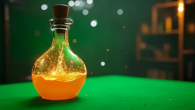 Glowing potion in a laboratory setting with sparkles