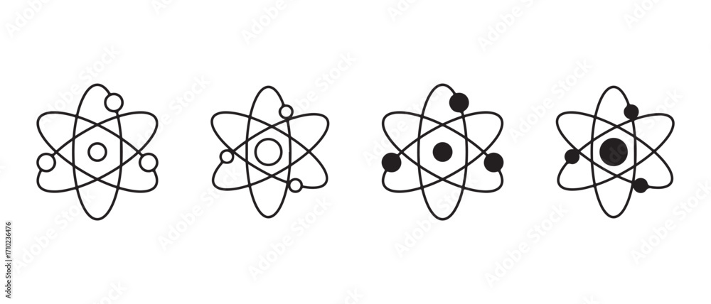 Poster set of atom icons. isolated on white background representing science and physics.