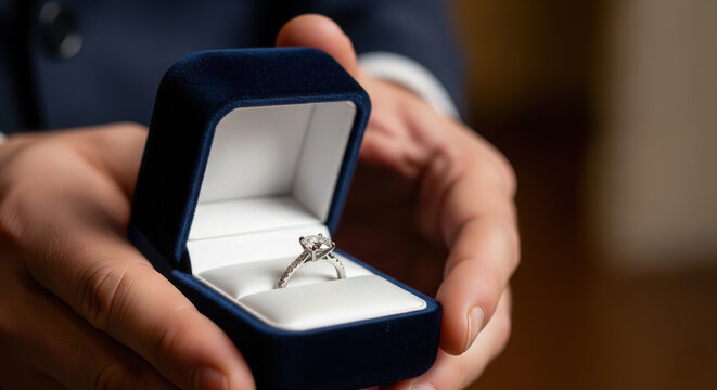 Diamond engagement ring proposal in velvet box capturing romantic proposal, commitment, luxury jewelry, and wedding planning.