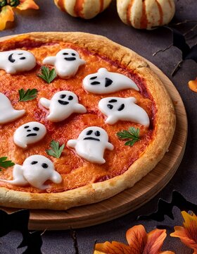 Naklejki Halloween pizza with ghost shaped mozzarella cheese on tomato base, decorated with parsley, festive spooky food on wooden board.