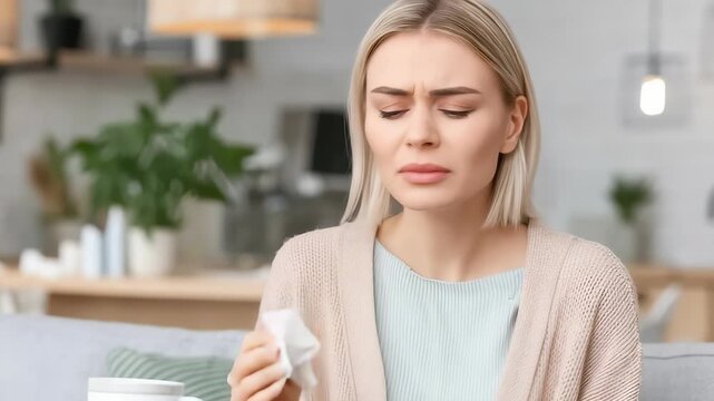 Young woman battles sinus infection at home with tissues and medicine
