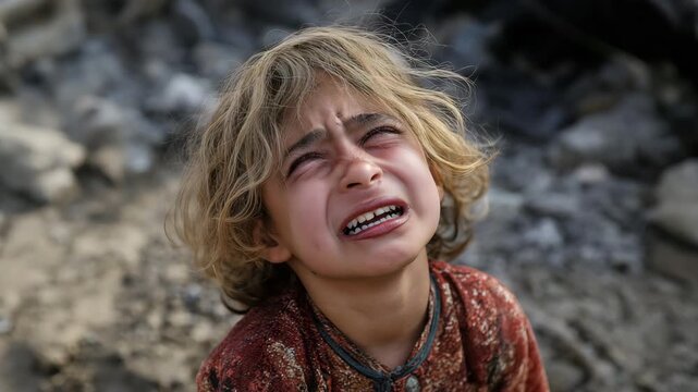A homeless child who is crying for his families