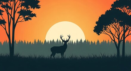 Silhouette of Deer at Sunset in Forest.