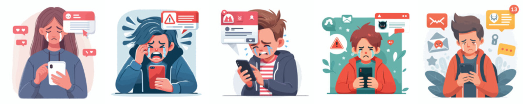 A teenager holds a cell phone and cries because of cyberbullying, with a malicious message notification on the screen. Vector, illustration, icon set