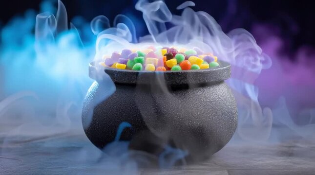 Magical Halloween decor with colorful candy in black cauldron surrounded by mystical smoke creating spooky festive atmosphere and magic effects