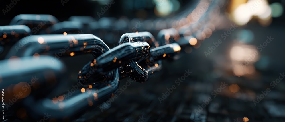 Poster metallic chain links connected with glowing nodes, representing blockchain technology, cybersecurity
