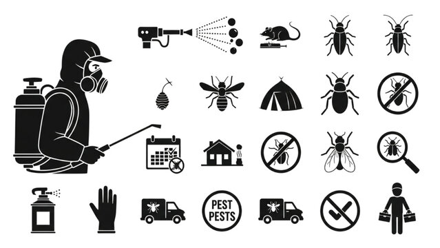 High-Quality Silhouette Icon Set &ndash; Pest Control and Exterminator Icons, Spraying, Rodents, Insects, and Bugs