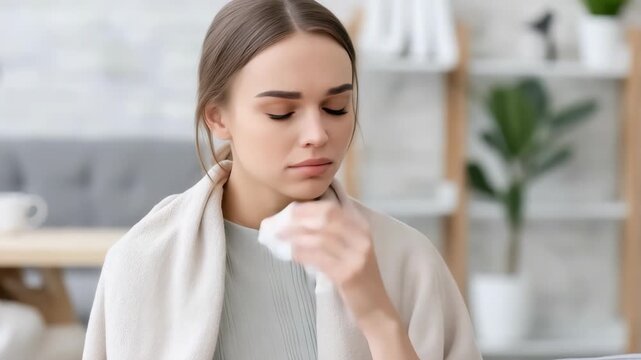 Young woman resting at home with sinus infection and cozy blanket in soft lighting