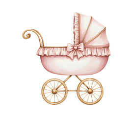 Cute pastel baby carriage illustration for newborn shower. Pink baby carriage.
