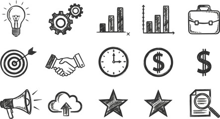 Create a kinds of deferent Handwritten monochrome business icon set vector art with white background