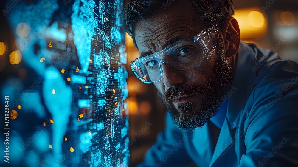 Poster a focused scientist wearing safety goggles analyzes a glowing digital world map displaying global da