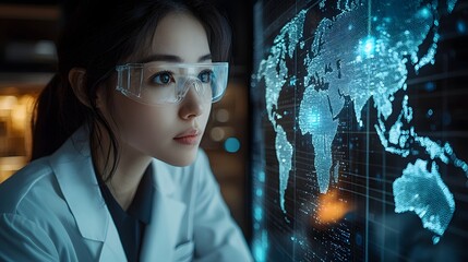 A scientist wearing safety goggles examines a glowing digital world map on a high tech display analyzing global data and trends